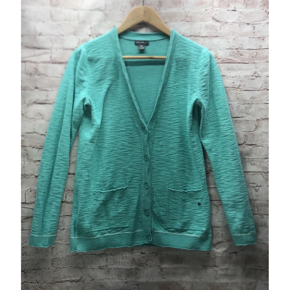 Eddie Bauer Women's Cardigan Sweater Size Small Teal V Neck Buttons Pockets